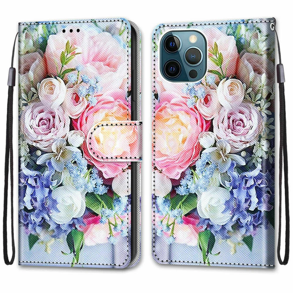 Funda de teléfono billetera con múltiples flores para iPhone 11 12 13 14 15 16 Pro Max XR 6 7 8 SE Foto 2 de 4