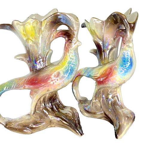 Vintage Italy Pheasant Bird Lusterware Floral Set 2 Vases Italian Ceramic MCM - Picture 2 of 12