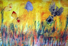 AMY ERNST - 2004 Hand Signed Color Lithograph with Collage - Butterflies