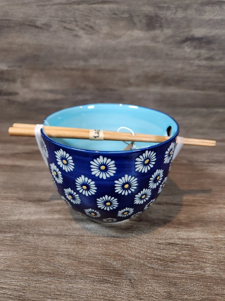 Juego de palillos de margarita tag Noodle Bowl Ramen azul gres bambú nuevo con etiquetas Foto 3 de 4