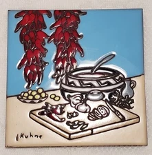 Art Tile By Earthtones Chili Peppers 1990 6”x 6” Signed By Artist Kuhne AZ Vtg