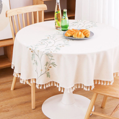 CottonLinen TableCover Jacquard Pattern Round Tablecloth Tassel for Dining Party - Picture 7 of 13