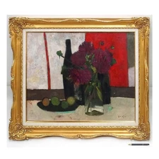 René Genis Original Oil Painting “Dahlias” Signed w/ Back Signature for