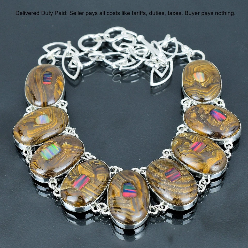 Ethopian Opal In Boulder Opal Gemstone Mother Chain Bezel Necklace 925 Silver - Image 3 of 4