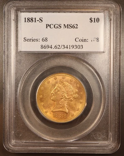 1881-S $10 LIBERTY San Francisco Eagle PCGS MS62 MS-62 Scarce Date GOLD