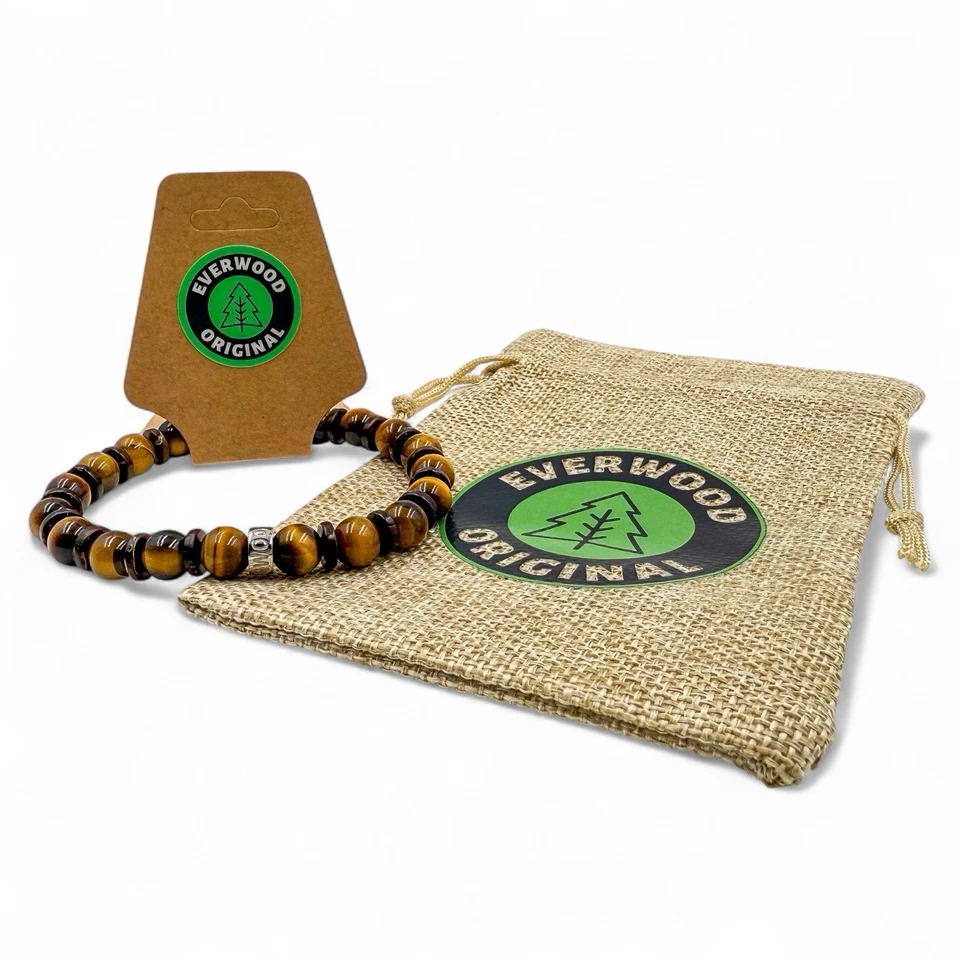 Pulseira masculina de contas de pedra preciosa e madeira - Sombra de tigre - Joias elásticas feitas à mão - Imagem 2 de 4