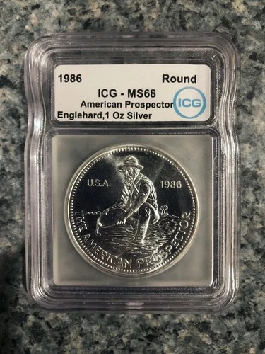 1986 ENGELHARD “The American Prospector” ICG MS68 1oz .999 Fine Silver Round