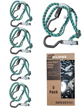 5-PK Reflective 10"-48" Adjustable Flat Bungee Cord, Heavy Duty, Bungee Cord