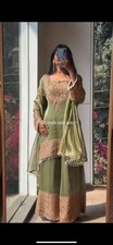 Stunning Look Fendy Silk Sage Green Top Palazzo With Dupatta For Women Wear