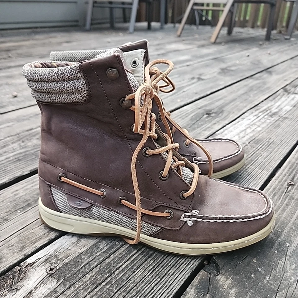 Botas Sperry Top Sider para mujer talla 9M: cuero con cordones forro a cuadros marrón Foto 2 de 4