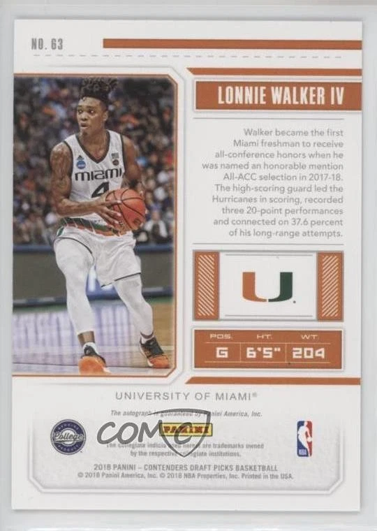 2018 Panini Contenders Draft Picks Ticket /99 Lonnie Walker IV Rookie Auto RC - Image 2 of 2