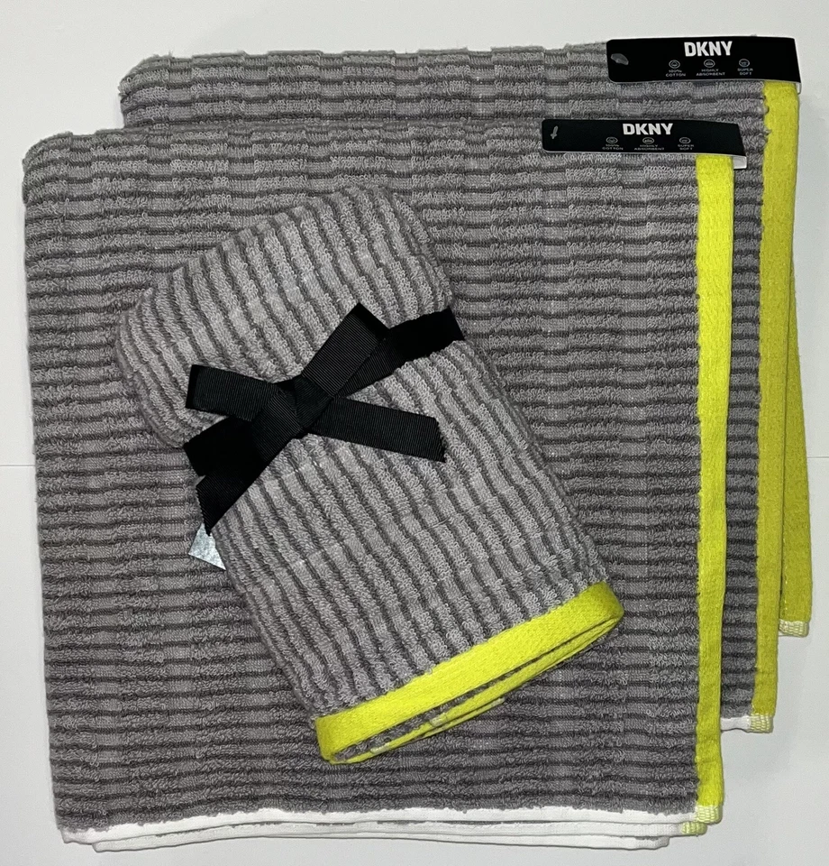 Juego de toallas resaltadoras de 4 piezas DKNY grises a rayas verde/amarillo 2 toallas de baño 2 de mano Foto 3 de 4