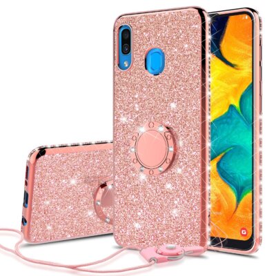 Uposao Compatibile con Galaxy S8 360 Gradi Anello Stand Glitter Bling Strass Brillanti Ragazza Uomini TPU Silicone Marmo Modello Cassa del Telefono Custodia Protettiva,Rosa Bianco