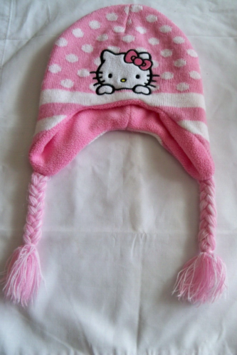 HELLO KITTY Pink & White Polka dot Winter Hat With Braids - Afbeelding 1 van 3