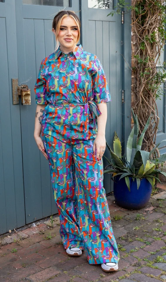 RUN AND FLY Party Llama Print Jumpsuit 8-26 Süß Bunt Schrullig Alt Retro Vtg - Bild 2 von 4
