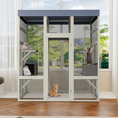 Large Cat Catio Outdoor Cat House Play & Run Enclosure Wooden Cage with Platform