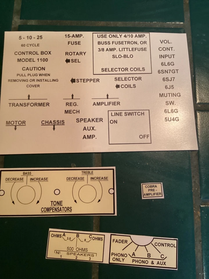 WURLITZER 1100 JUKEBOX 506 AMPLIFIER AMP TUBE KIT  AND DECAL  SET NEW - Image 2 of 2