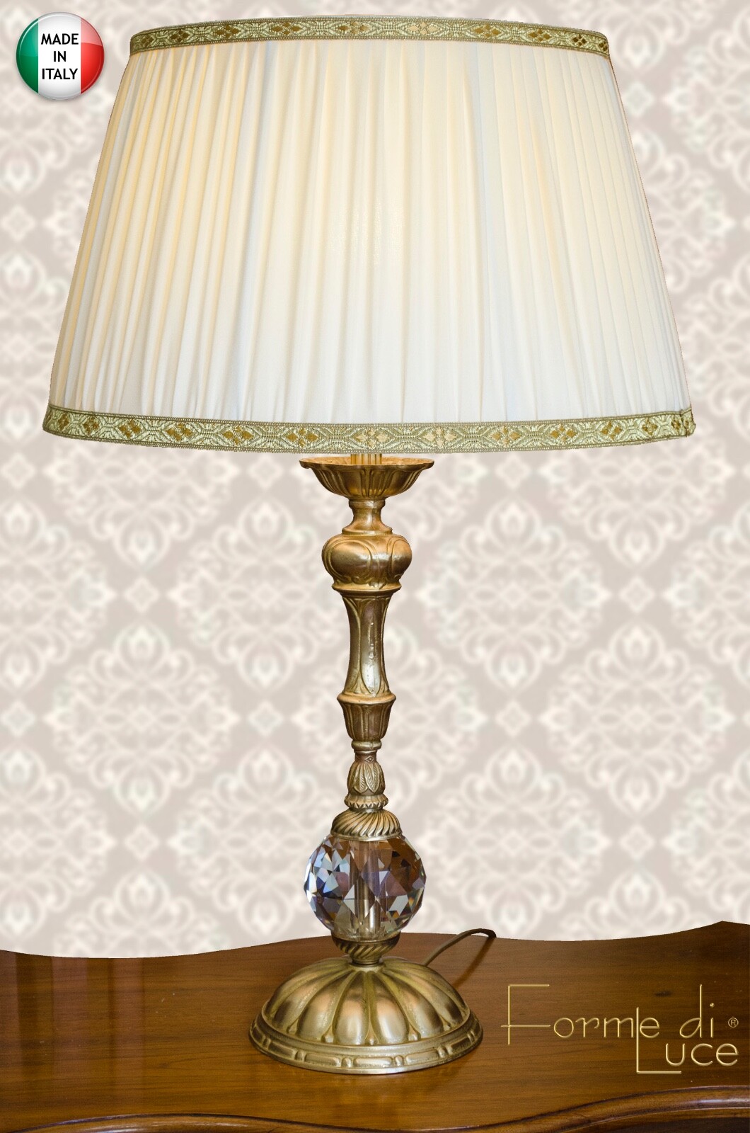 lampada da tavolo salotto in Cristallo e ottone lume paralume seta plissé lume