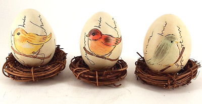 Hand Painted Vintage Birds Ceramic Eggs On Nest - Set Of 3 Yellow Red Gray