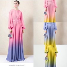 Vintage Contract Color Print Belt Long Sleeve Women Casual Party Pleated Dresses