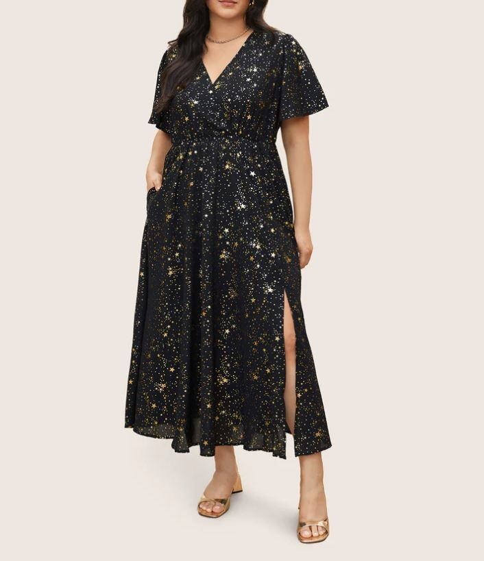 slim fit dress slacks MissJophiel V Neck Gold Star Sequin Dress with Tie Straps Other / Floor Length / US12