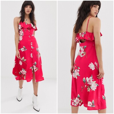 Band Of Gypsies Red Pink Ruffle Floral Button Down Midi Dress Size M | eBay