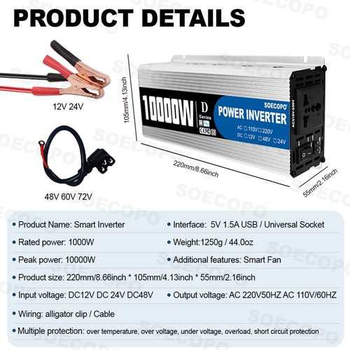 Portable 10000W Inverter 12V/24V/48V DC to 220V AC with Universal Outletoh - Picture 8 of 13