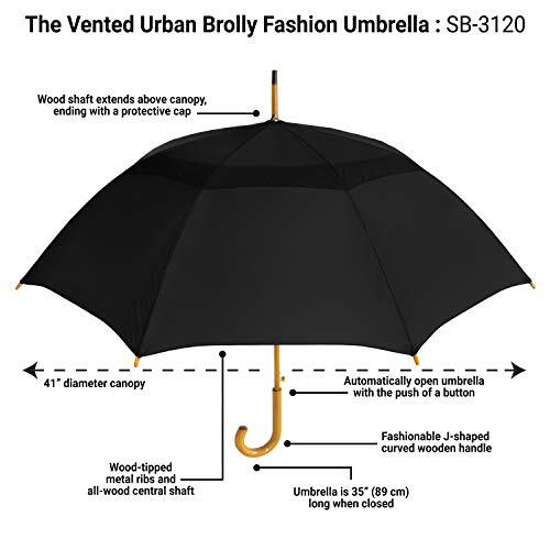 Auto Open Wooden Handle J Stick Umbrella Black eBay