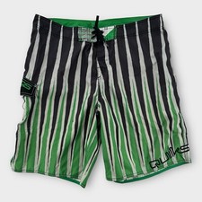 Quiksilver Board Shorts Mens 38 Green Black Stripe Spike Embroidered Swim Trunks