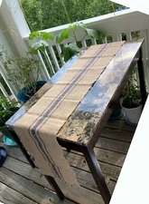 3 blue stripes Vintage grain sack  -12" x 108" Burlap Table Runner fringe edges 