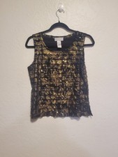 Drapers And Damons Top Womens Petite Small Black Tank Sleeveless Gold Ruffle Y2K