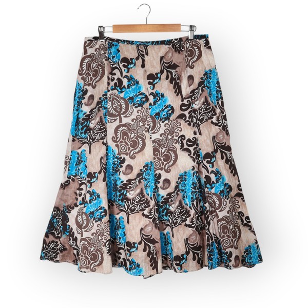 KAMIKO Size 16 Floral Paisley Brown & Blue A-Line Midi Skirt Lined