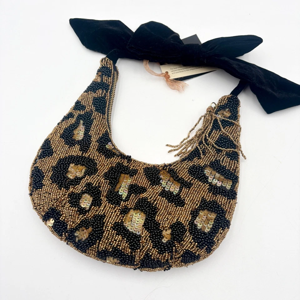 Bolso de hombro con estampado de leopardo con cuentas negro terciopelo moño acento noche clutch Foto 4 de 4