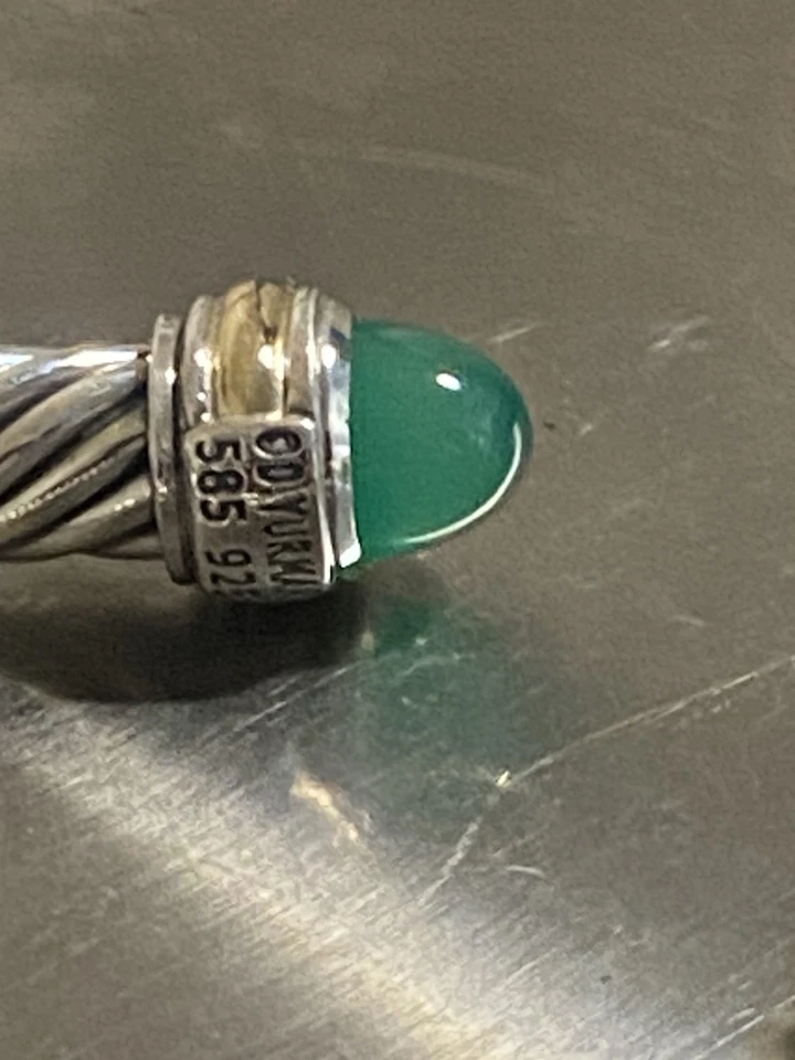David Yurman 925 Sterling Silver 7mm Green Onyx and 585 Gold Cable Cuff Medium - Image 4 of 4