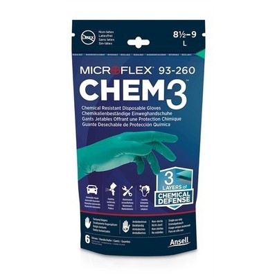Microflex Chem3 93-260 Disposable Gloves,3 Pairs per pack,8 1/2-9 Large( 2 pack)