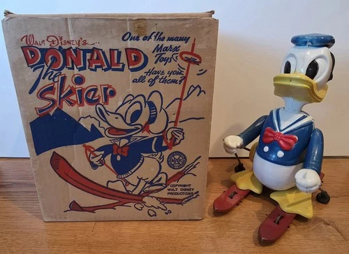 Marx Toys 1950s Walt Disney Wind-Up Donald Duck the Skier Toy w/ Box WORKS