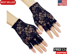Women Wrist Length Lace Half Finger Gloves Black