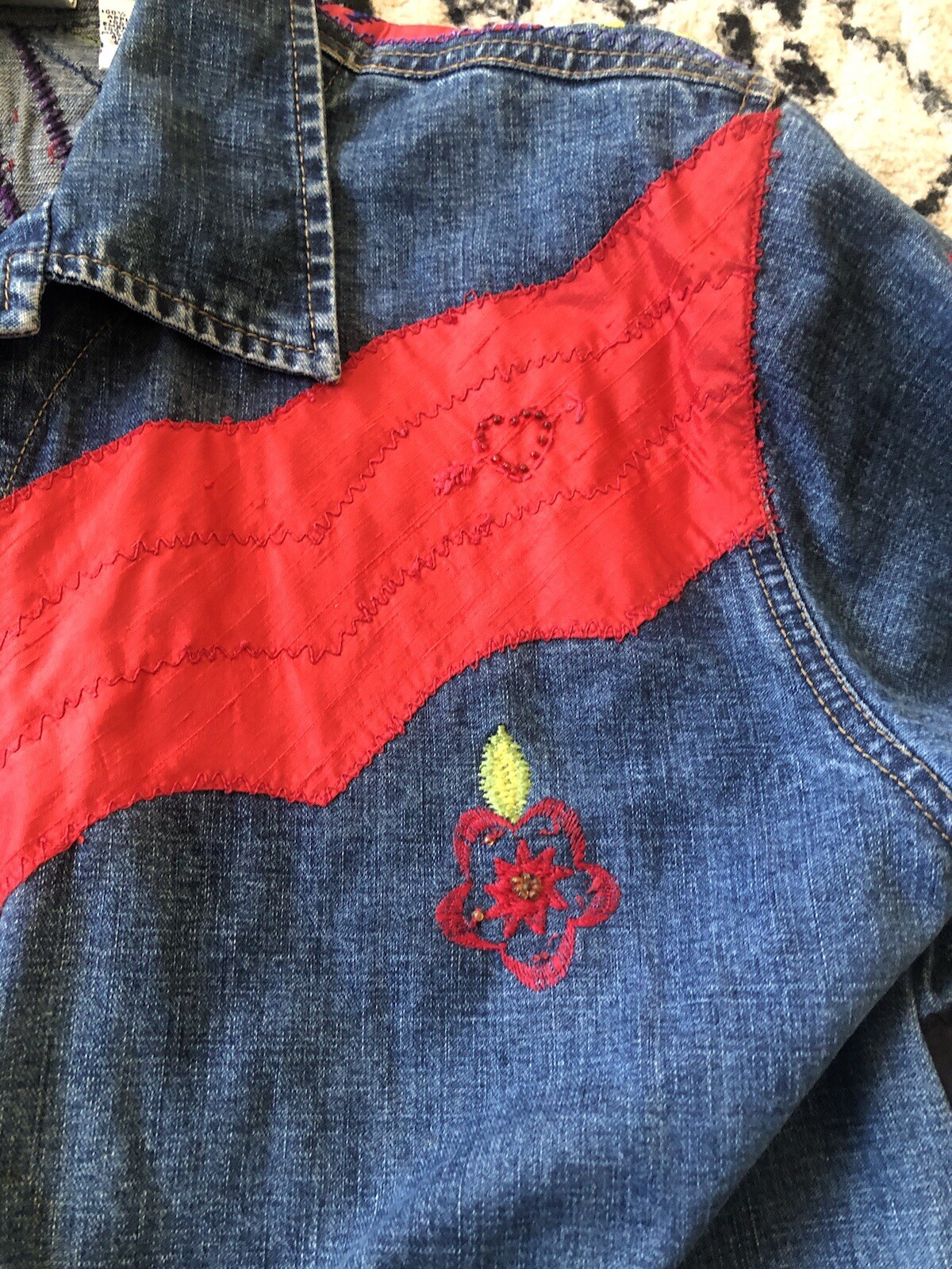 Chico's Design Jean Jacket Patchwork Silk Embroid… - image 8