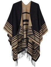 Women's Shawl Wraps Open Front Poncho Cape One Size Series 1-stripe Khaki