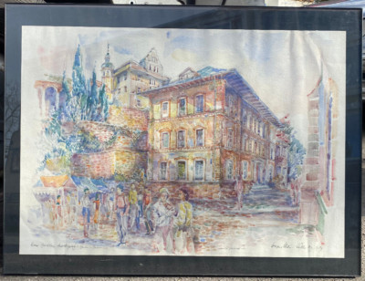 ::OLD BATHHOUSE MARKET HOUSE BADEN BATHING PAINTING SIGNED ILLEGIBLE 1979 RARE