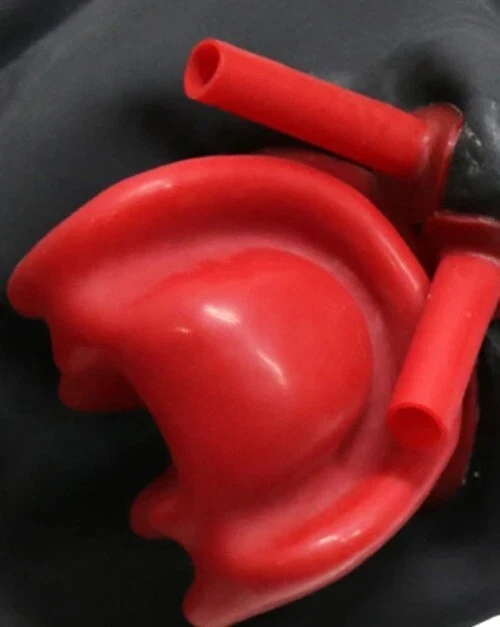 Capucha de látex con mordaza de dientes rojos y tubos nasales cremallera trasera máscara fetiche cara completa Foto 4 de 4