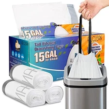 Trash Bags 15 Gallon Tall Kitchen, Drawstring Garbage Bags Recyclable Strong 