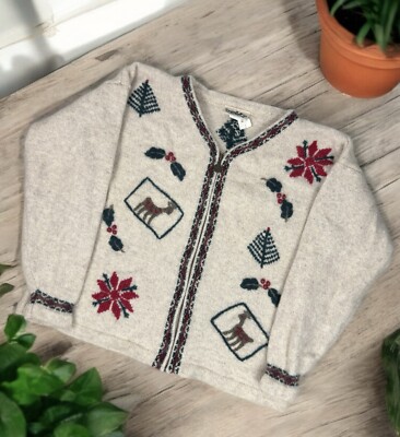 Wool Blend Embroidered Zip Up Sweater Christmas Granny Nordic Ski Cottage 90s L