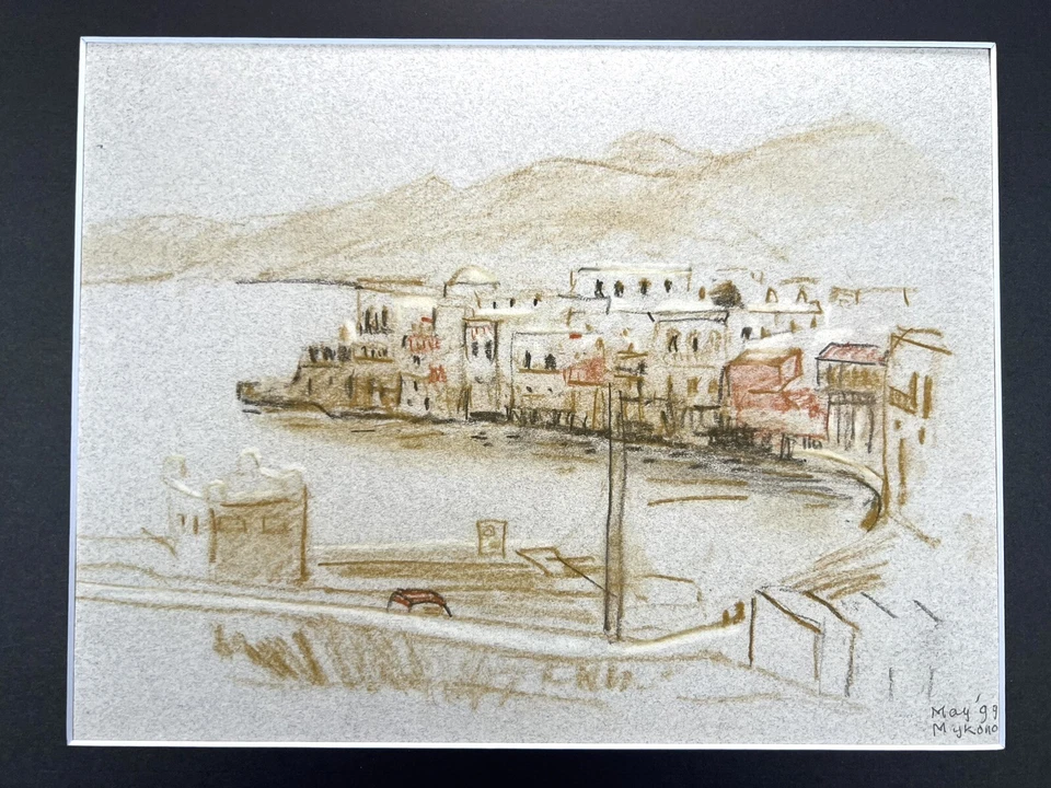 Impresionismo Pastel Dibujo 11x14” Escena Puerto Mykonos Grecia Playa Marítima Foto 2 de 4