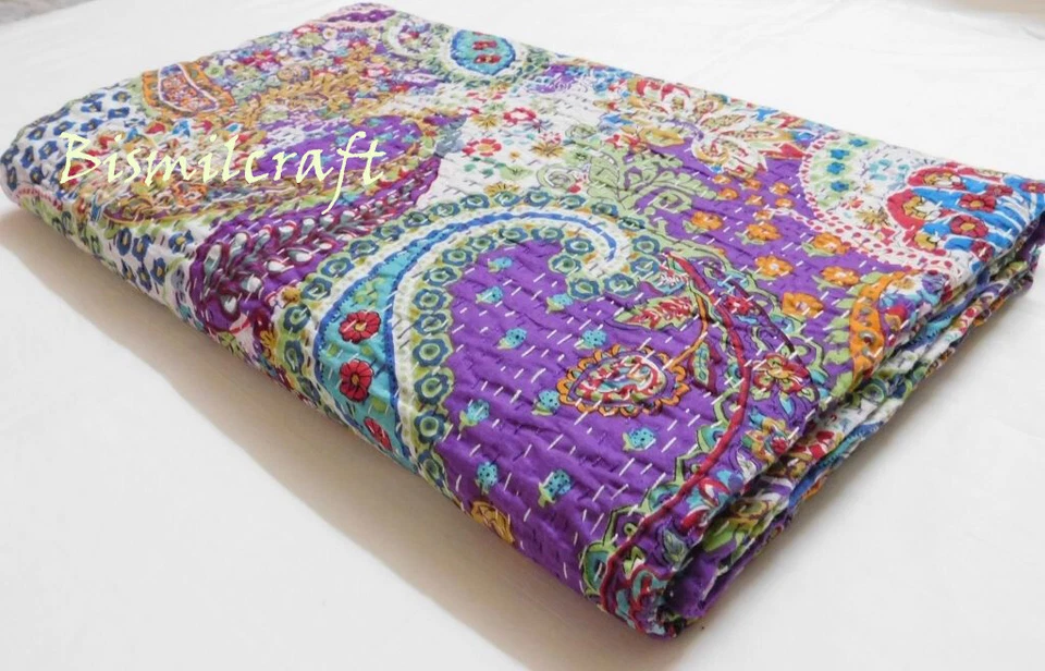 Двустороннее хлопковое покрывало ручной работы 90X108 дюймов двуспальный размер Kantha Quilt D6 - Изображение 4 из 4