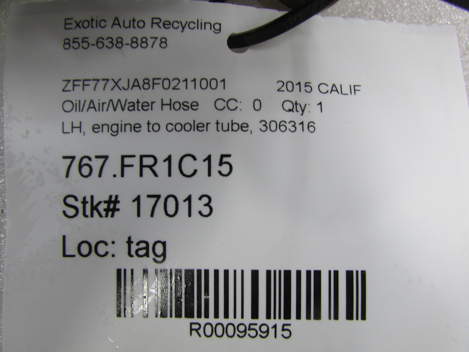 Ferrari California, LH, Left Engine to Cooler Tube, Used, P/N 306316
