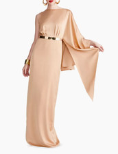 Halston Rhiannon Satin One-Shoulder Gown Dress   Sz 0 $695 tan beige *1553