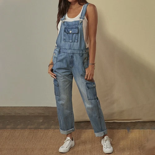 Jeans tuta vintage sciolta jumpsuit denim pantaloni tuta in denim con cinghie DE - Foto 8 di 9