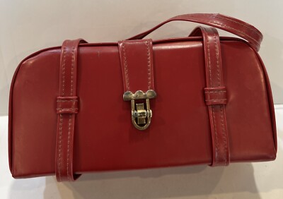 Vintage 50 s Box Purse Red Vinyl Brass Turn lock Double Handles MCM Read