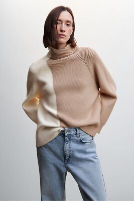 /LX068/ Mango Oversized Two-Tone Thick-Knit Rolled-Neck Sweater Beige Sz M